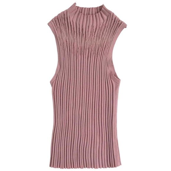 Vintage Mauve Coquette Cottagecore Mock Neck Ribbed Sleeveless Knit Top / S - Picture 4 of 5
